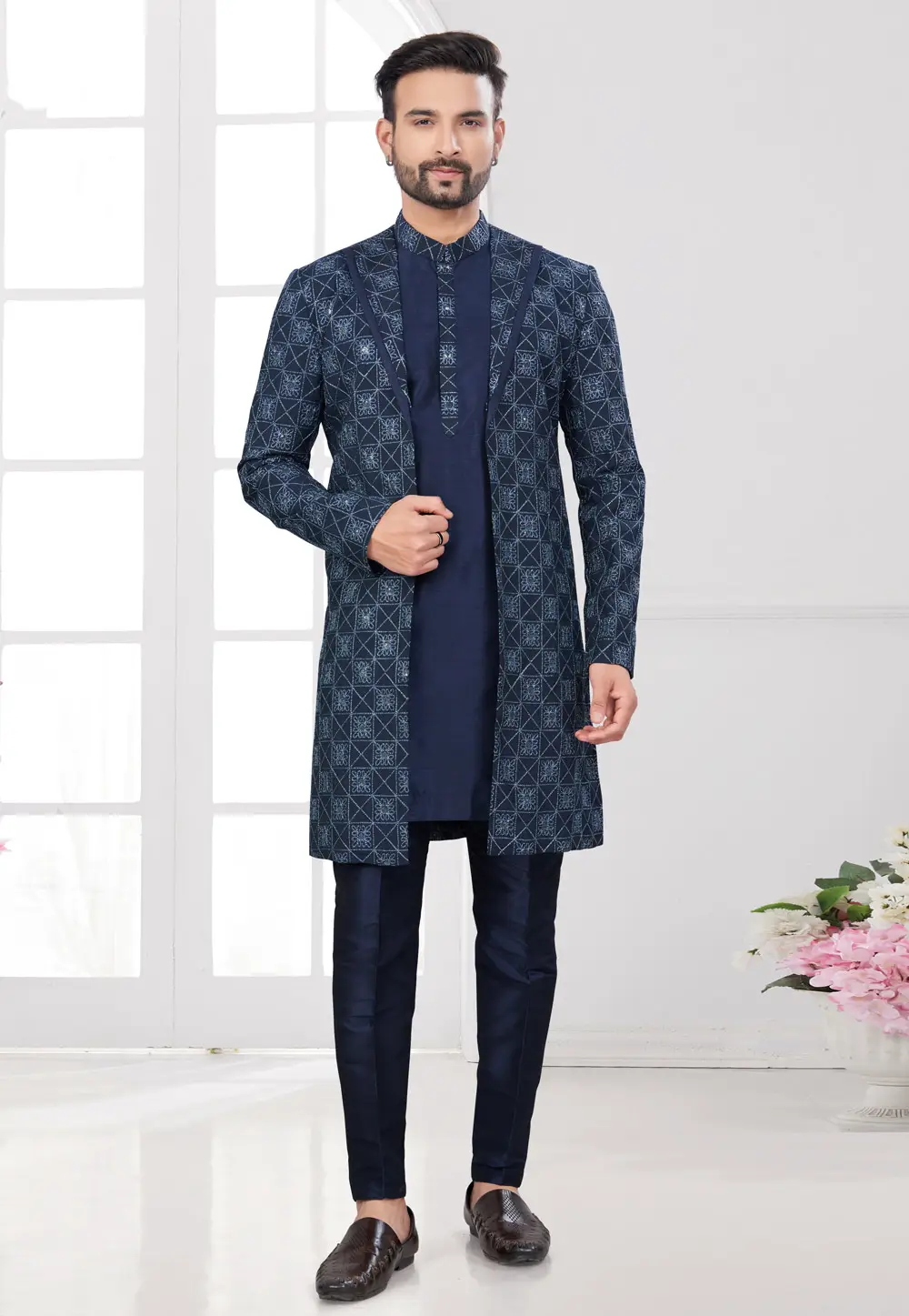 Navy Blue Silk Indo Western Suit 295591