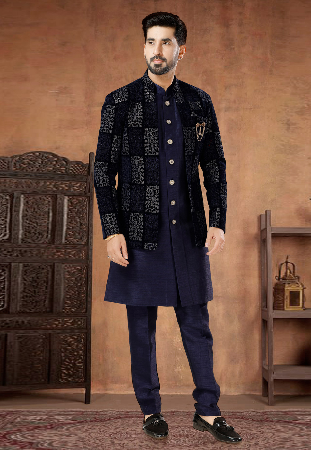 Navy Blue Silk Indo Western Suit 282961