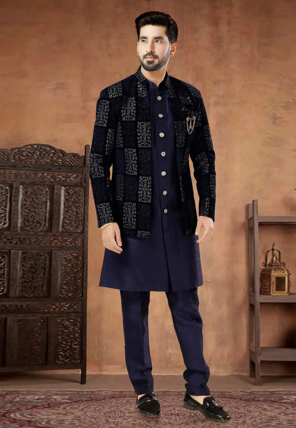 Navy Blue Silk Indo Western Suit 282961