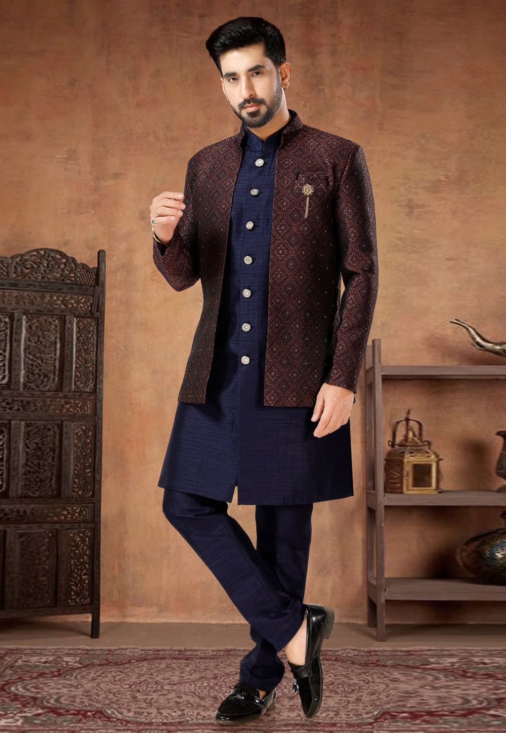 Navy Blue Silk Indo Western Suit 282963