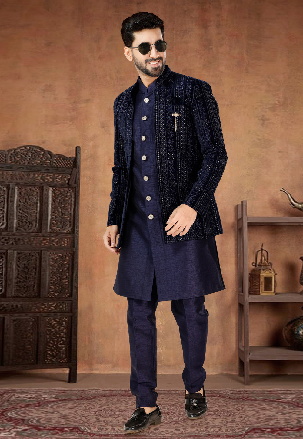 Navy Blue Silk Indo Western Suit 282964