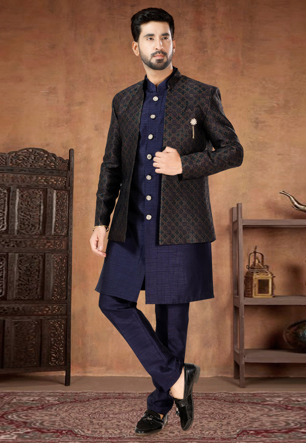 Navy Blue Silk Indo Western Suit 282966