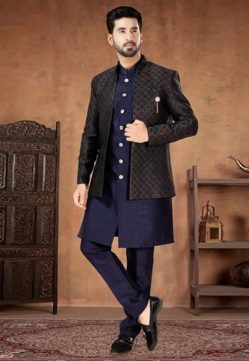 Navy Blue Silk Indo Western Suit 282966