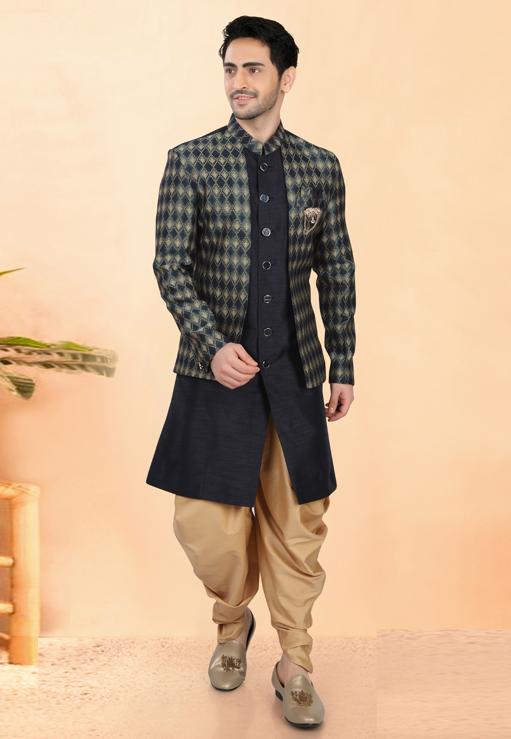 Navy Blue Silk Indo Western Suit 308631