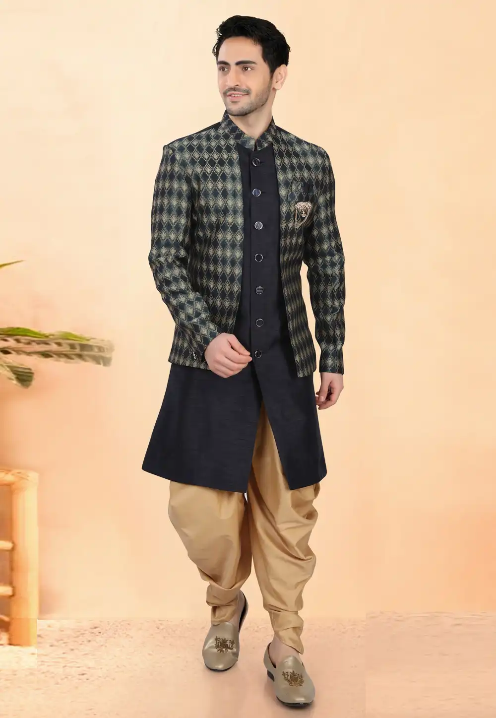 Navy Blue Silk Indo Western Suit 308631