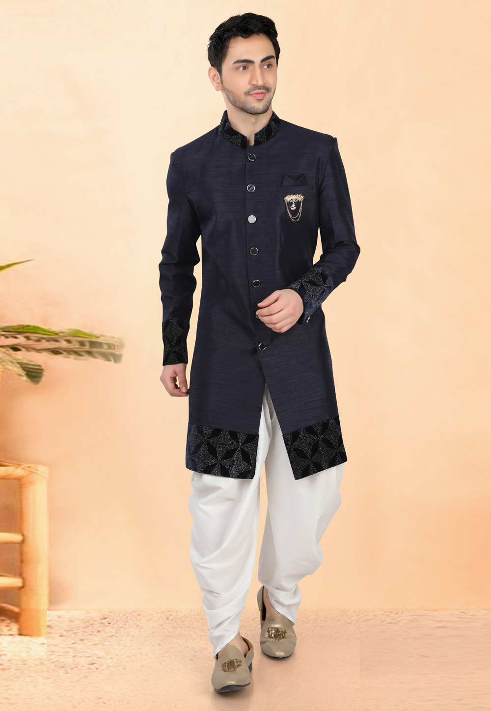 Navy Blue Silk Indo Western Suit 308641