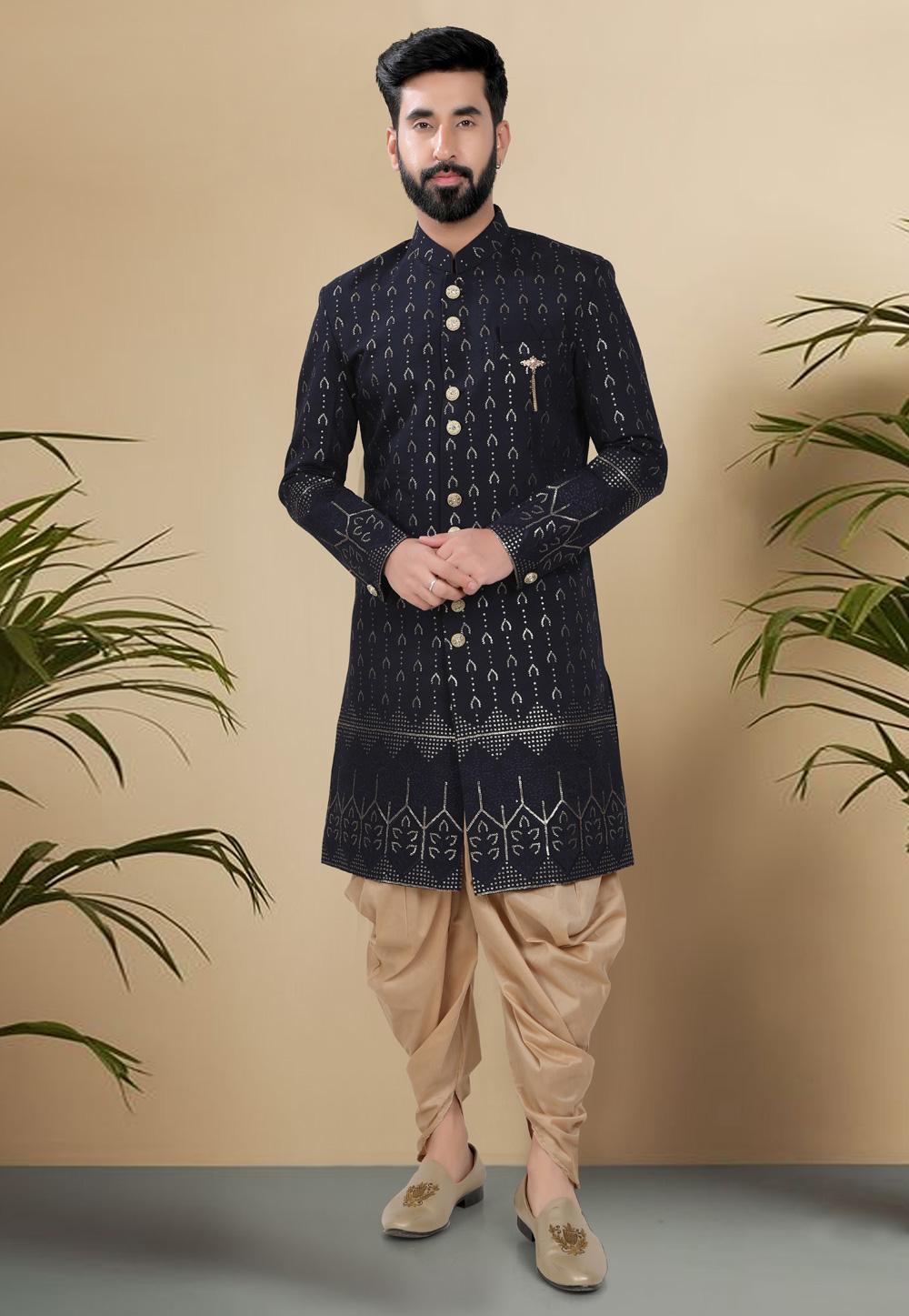 Navy Blue Silk Indo Western Suit 313107
