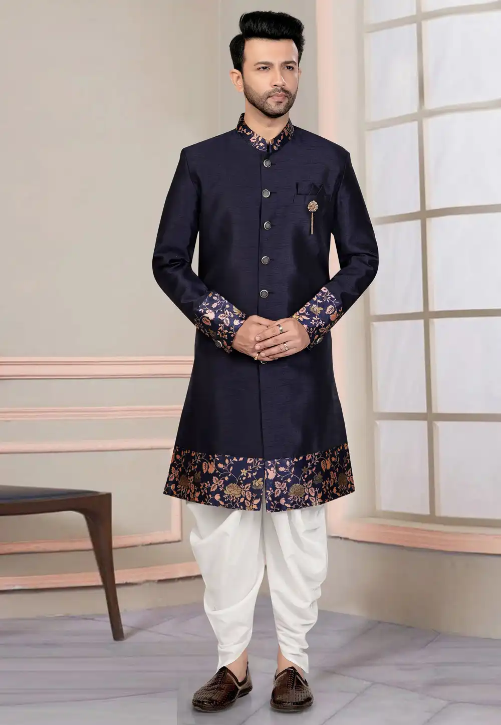 Navy Blue Silk Indo Western Suit 316124