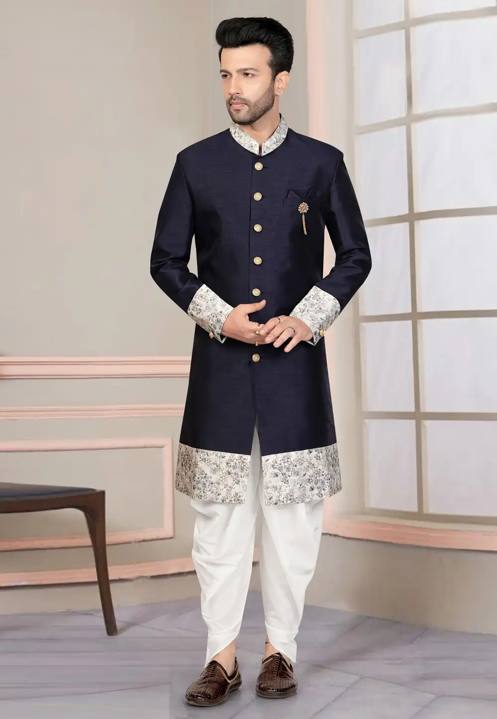 Navy Blue Silk Indo Western Suit 316126