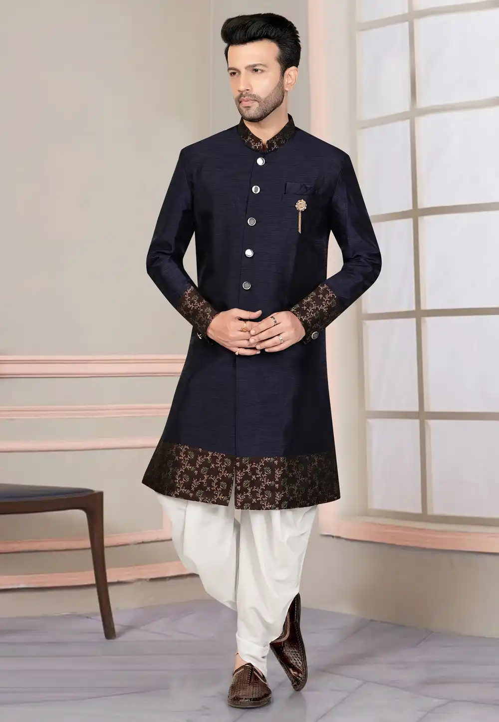 Navy Blue Silk Indo Western Suit 316127