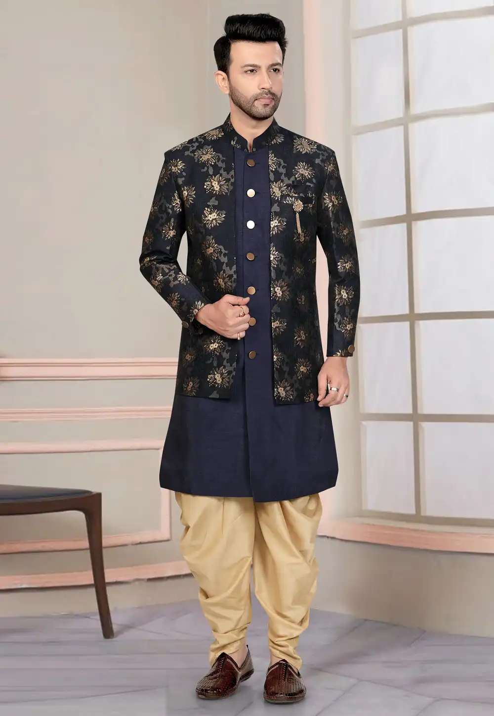 Navy Blue Silk Indo Western Suit 316136