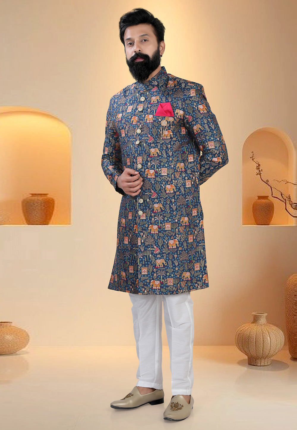 Navy Blue Silk Indo Western Suit 321303