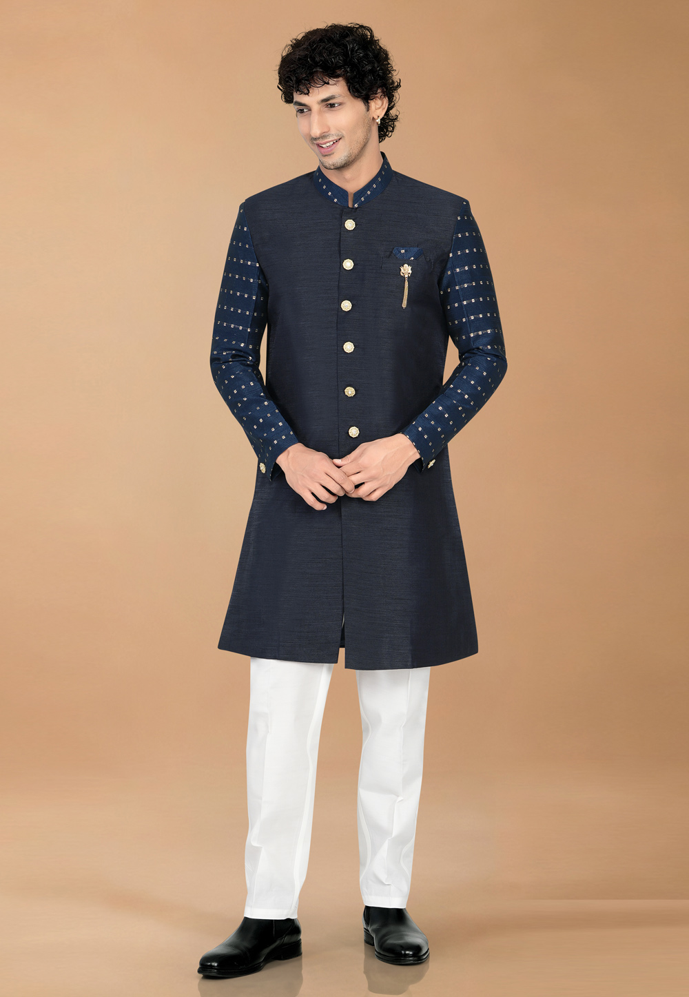 Navy Blue Silk Indo Western Suit 329880