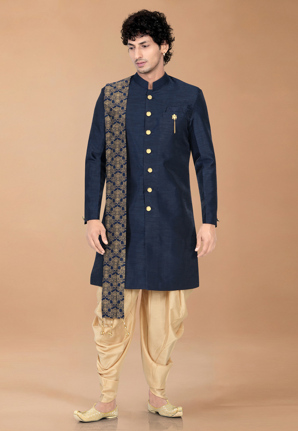 Navy Blue Silk Indo Western Suit 329893