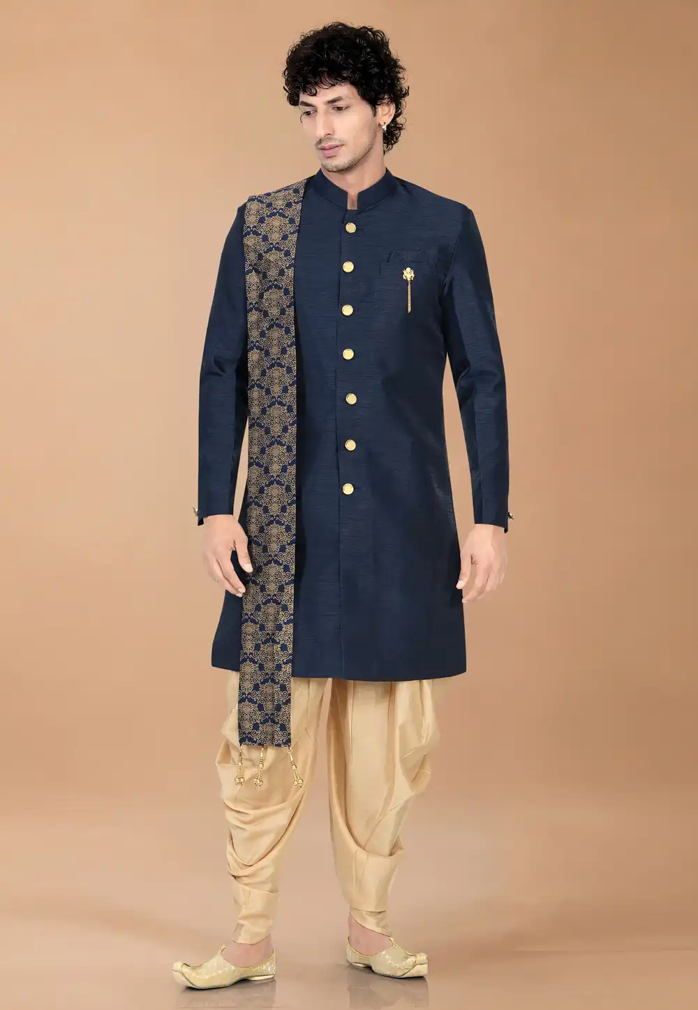 Navy Blue Silk Indo Western Suit 329893
