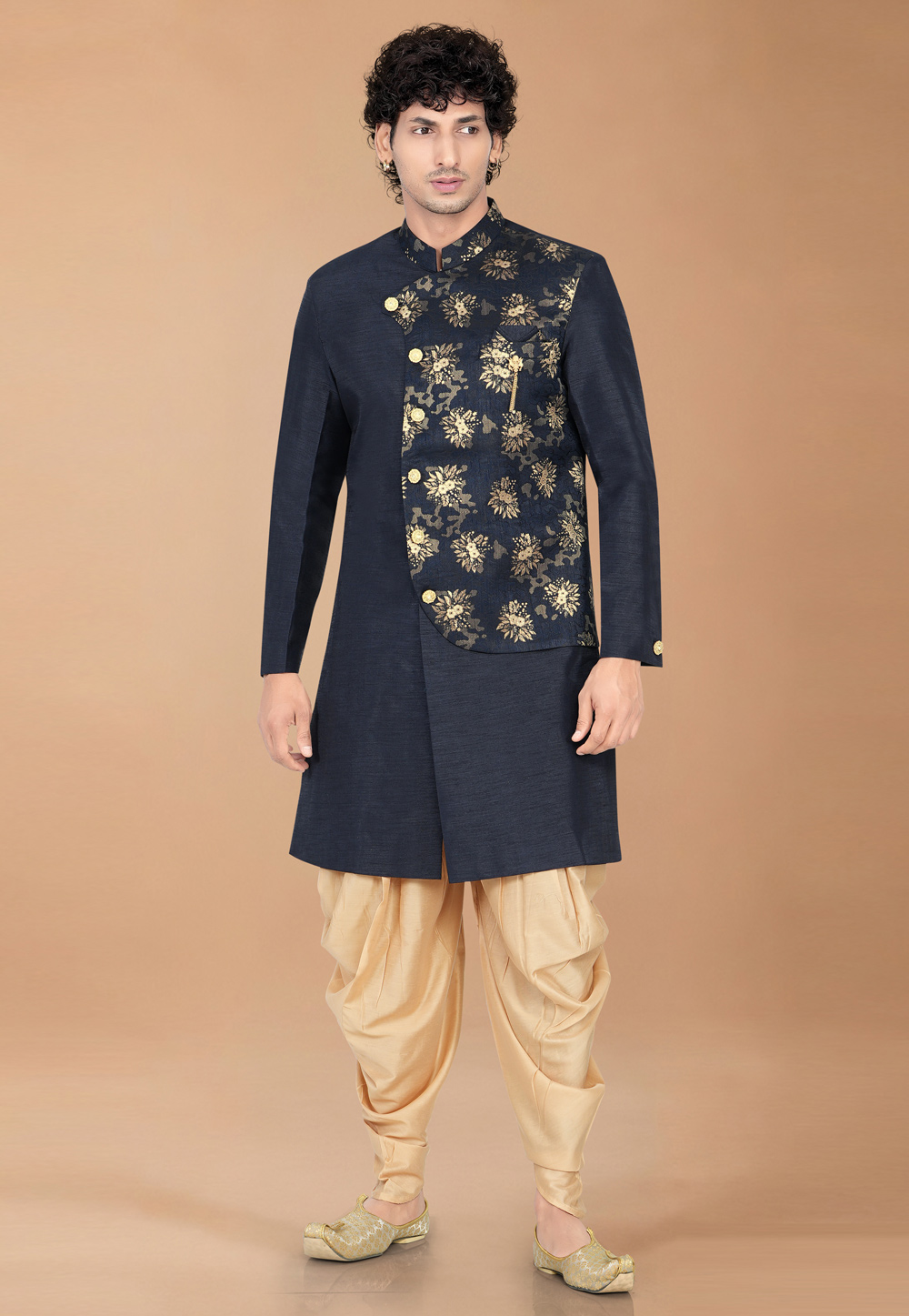 Navy Blue Silk Indo Western Suit 329894