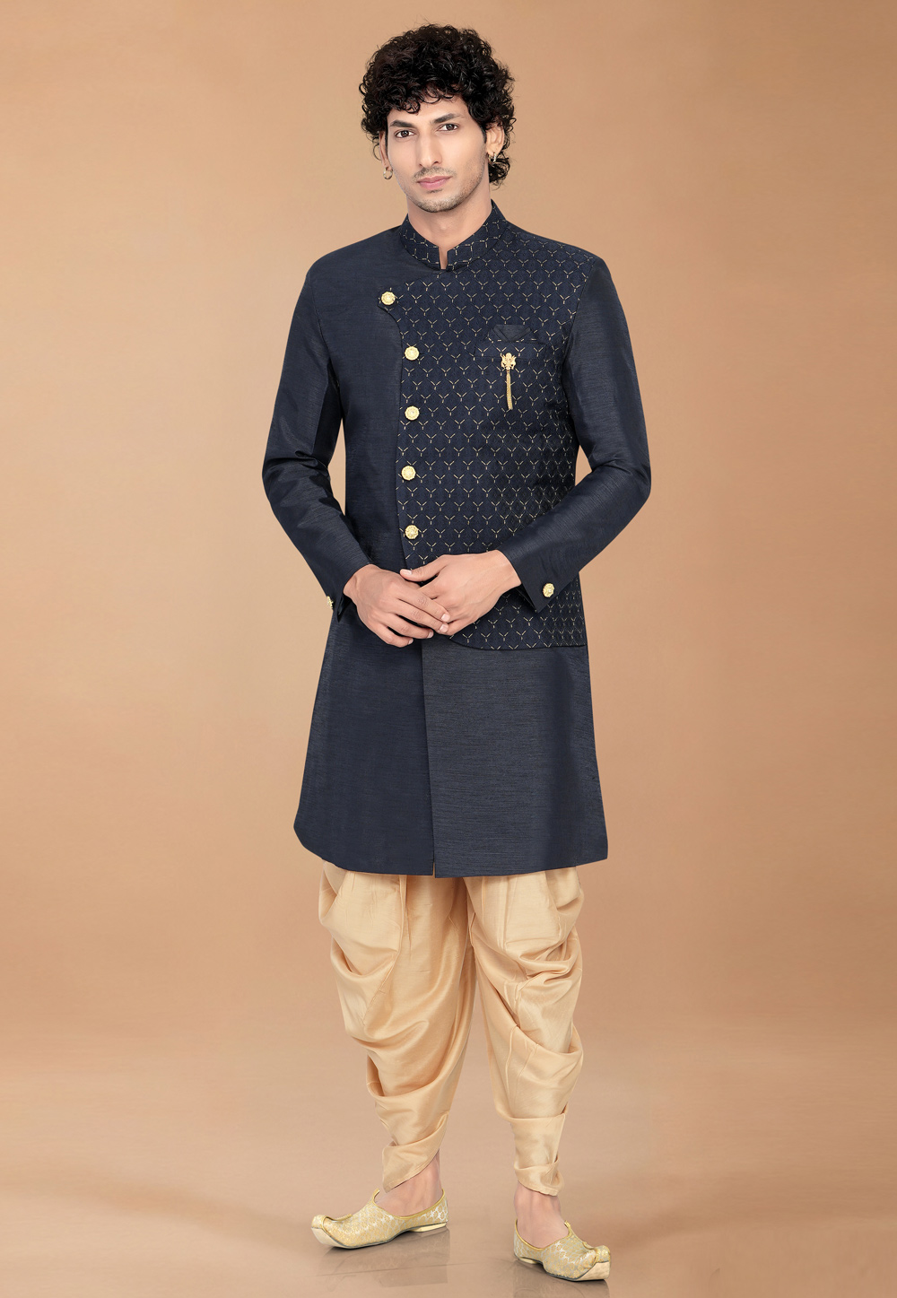 Navy Blue Silk Indo Western Suit 329902