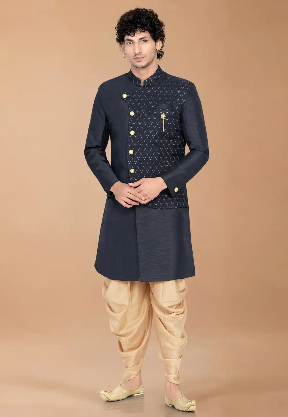 Navy Blue Silk Indo Western Suit 329902