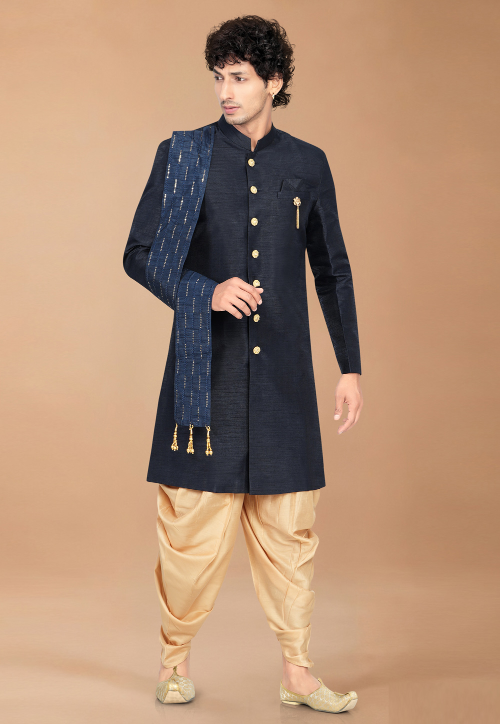 Navy Blue Silk Indo Western Suit 329903