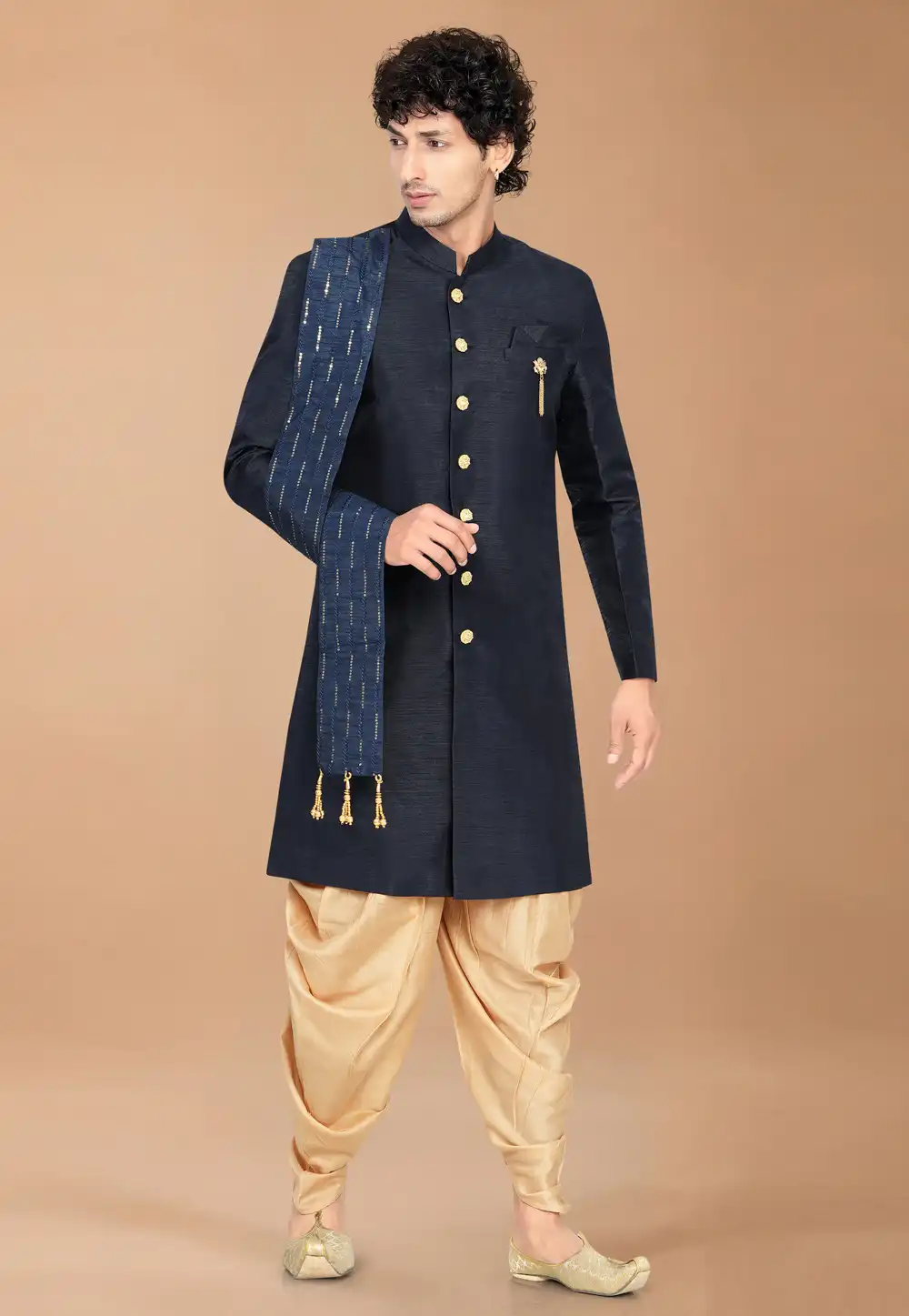 Navy Blue Silk Indo Western Suit 329903