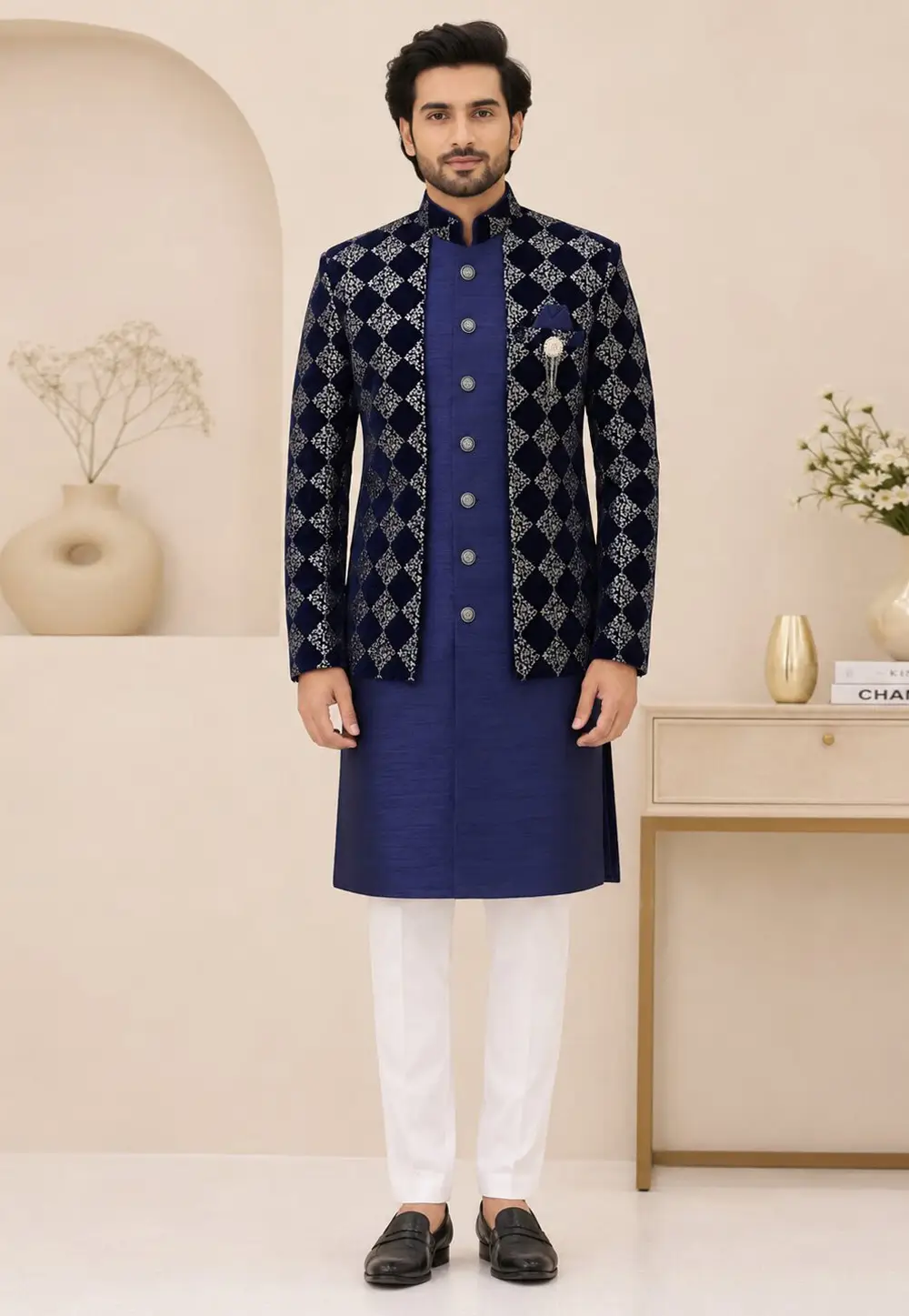 Navy Blue Silk Indo Western Suit 334978