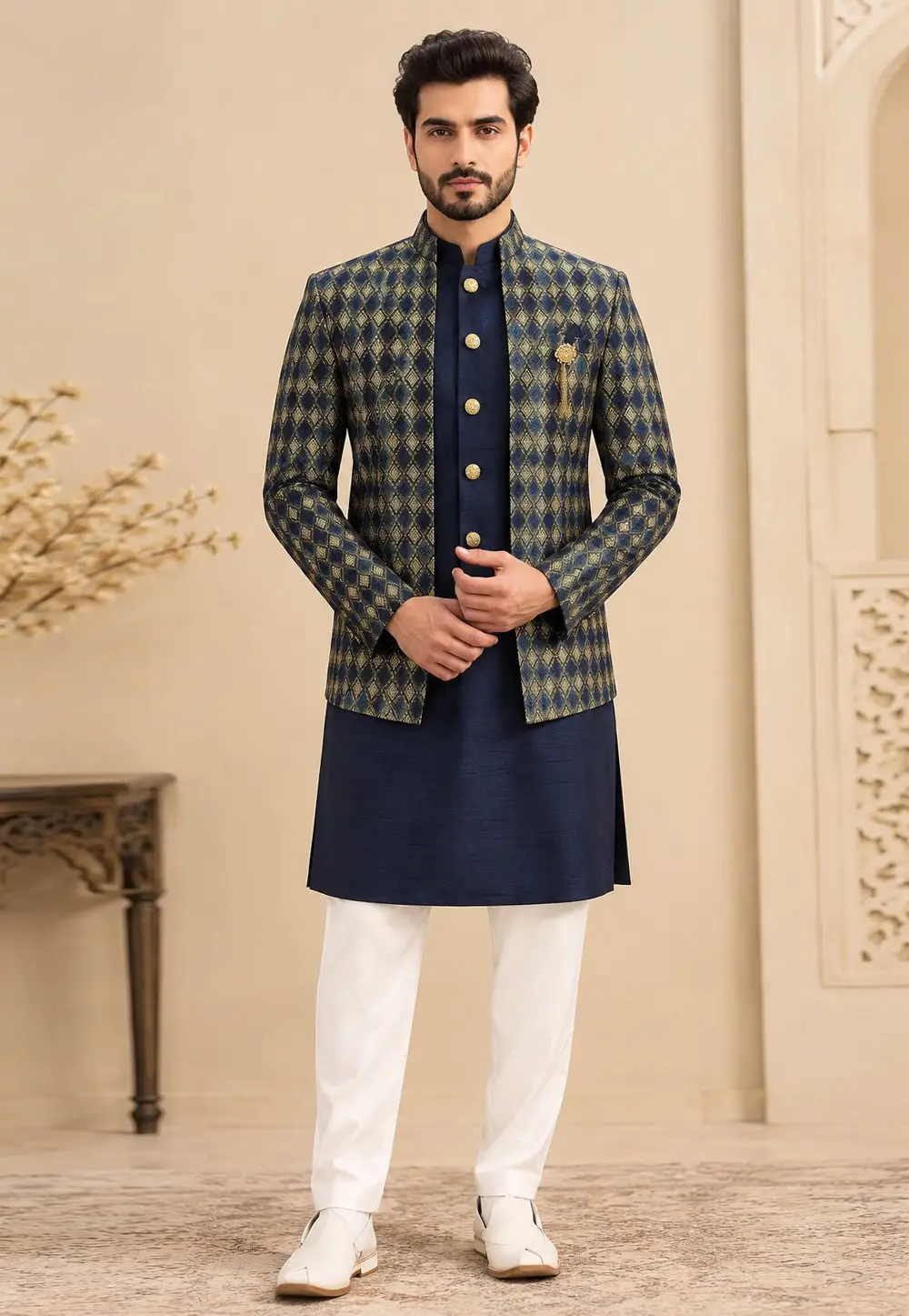 Navy Blue Silk Indo Western Suit 334981