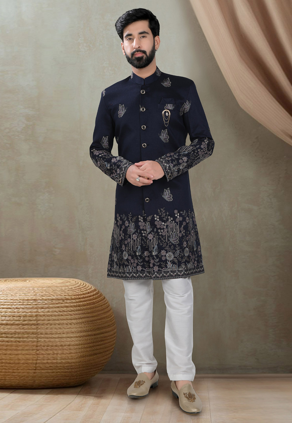 Navy Blue Silk Indo Western Suit 311724