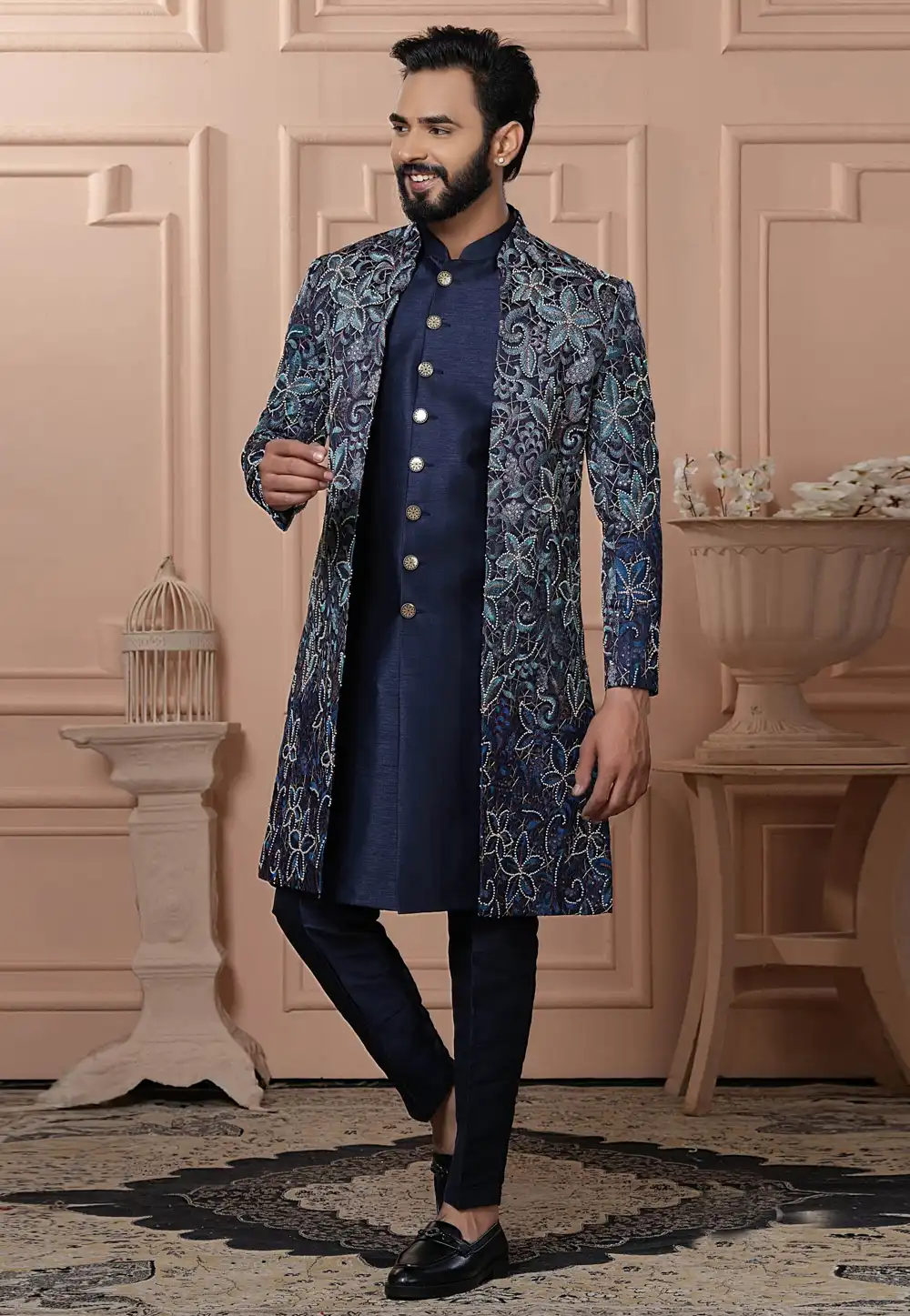 Navy Blue Silk Jacket Style Sherwani 315055