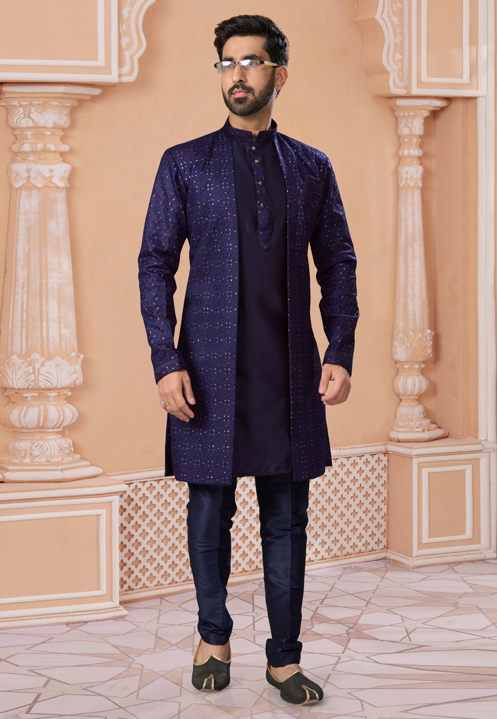 Navy Blue Silk Jacket Style Sherwani 282230