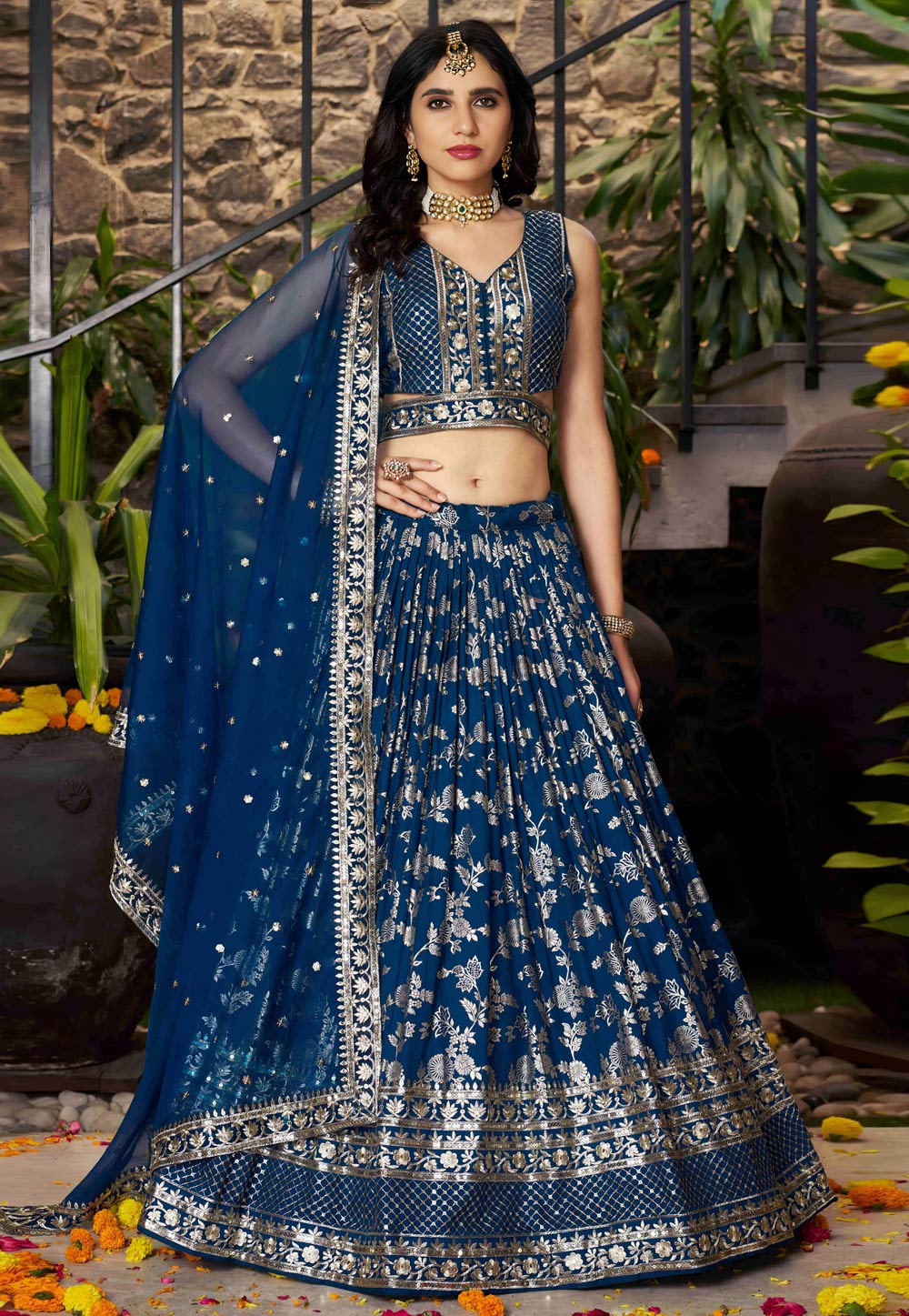 Navy Blue Silk Jacquard Lehenga Choli 312559