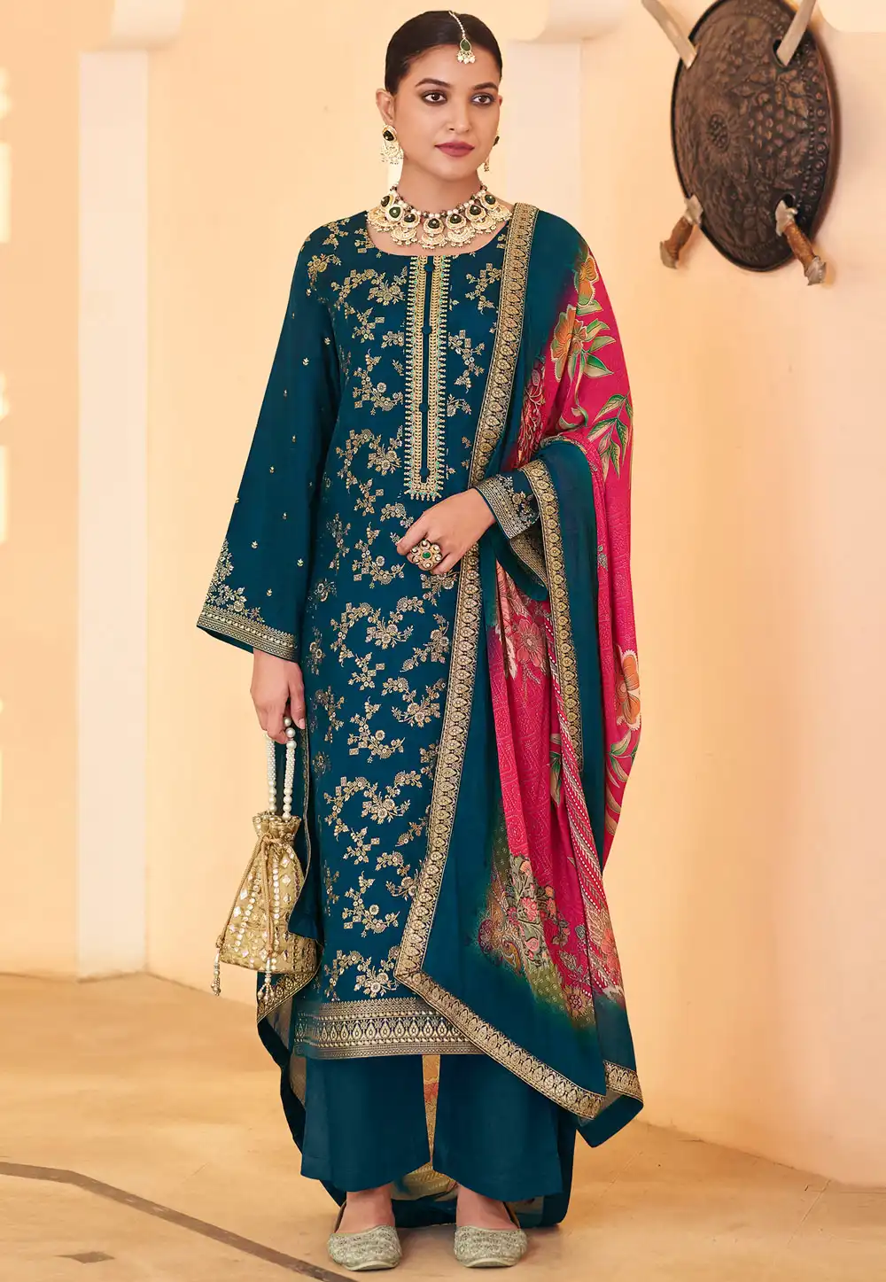 Navy Blue Silk Jacquard Palazzo Suit 314012