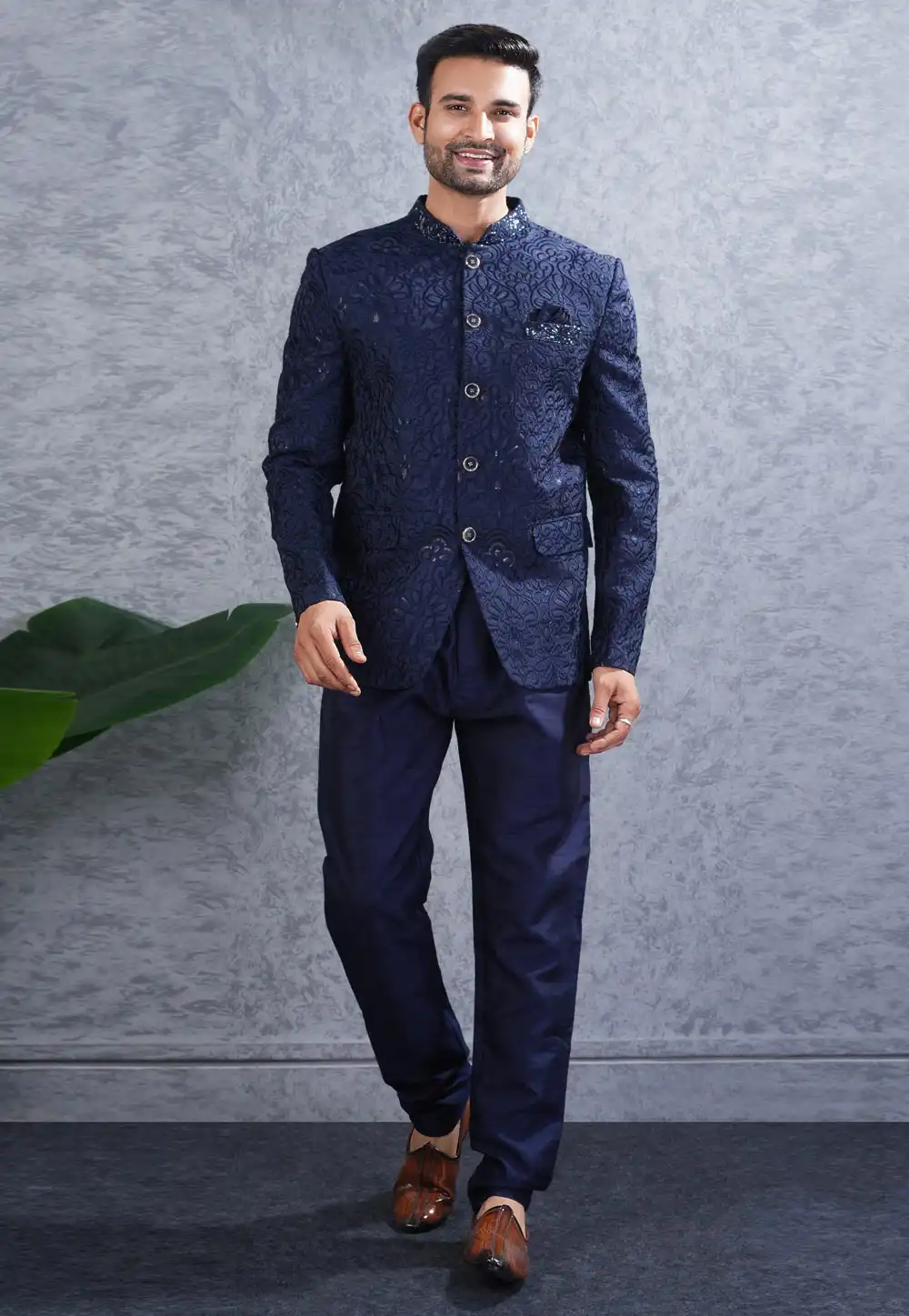 Navy Blue Silk Jodhpuri Suit 316513