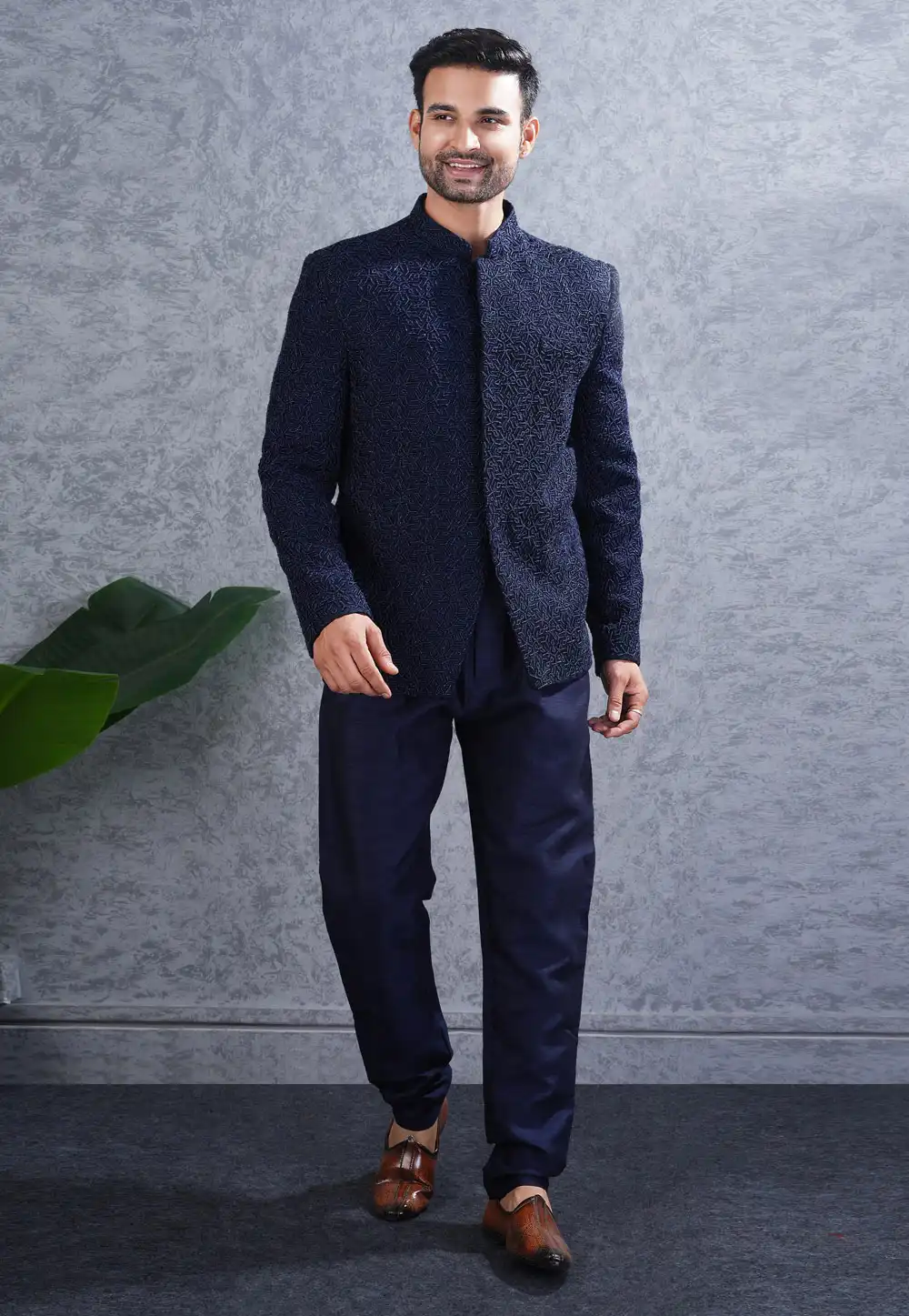 Navy Blue Silk Jodhpuri Suit 316514