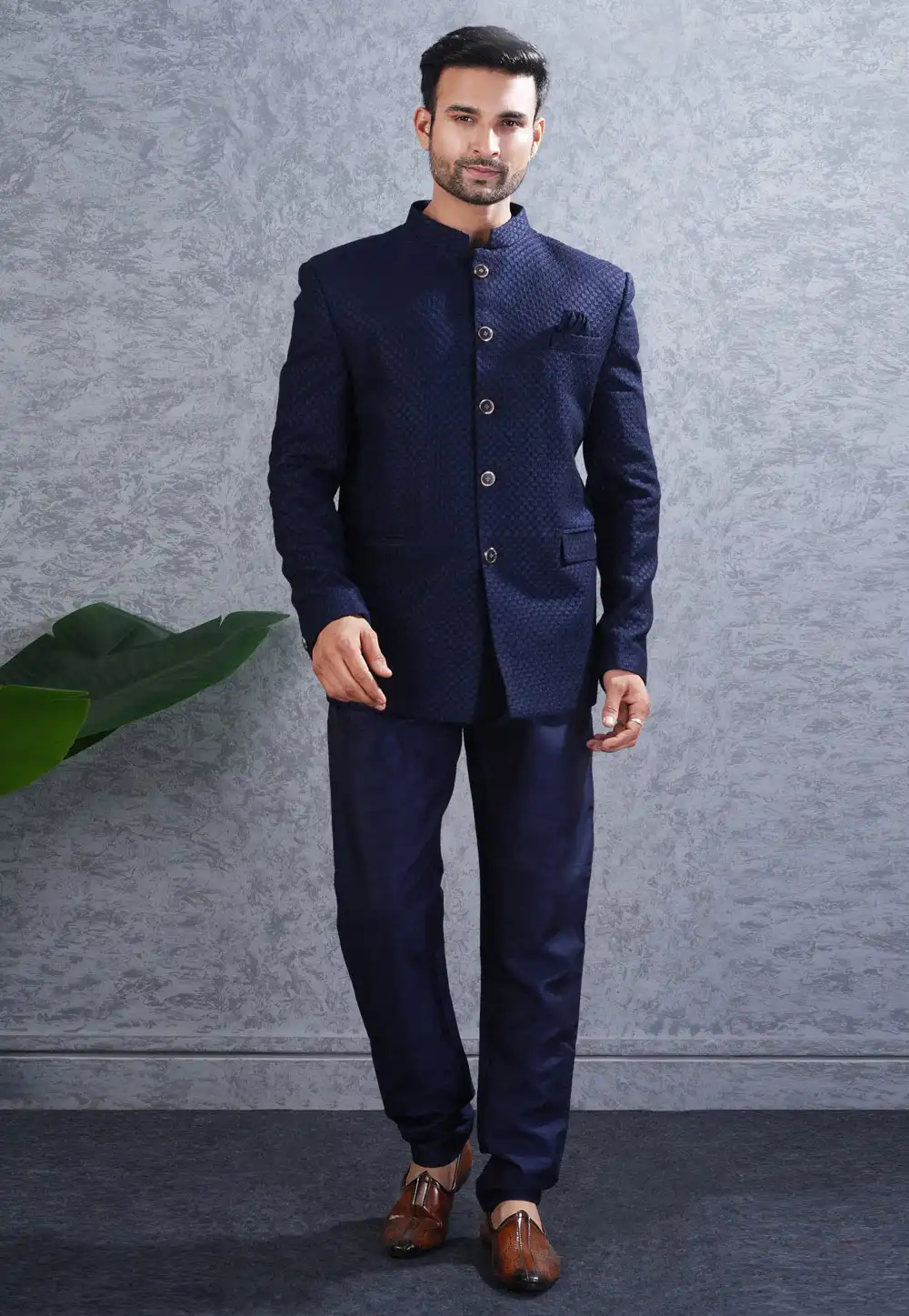 Navy Blue Silk Jodhpuri Suit 316515
