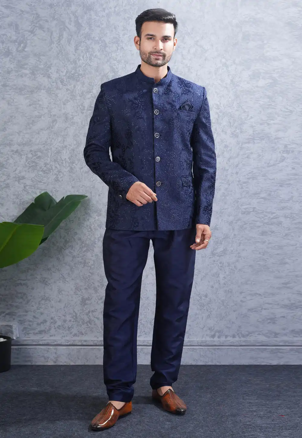 Navy Blue Silk Jodhpuri Suit 316516