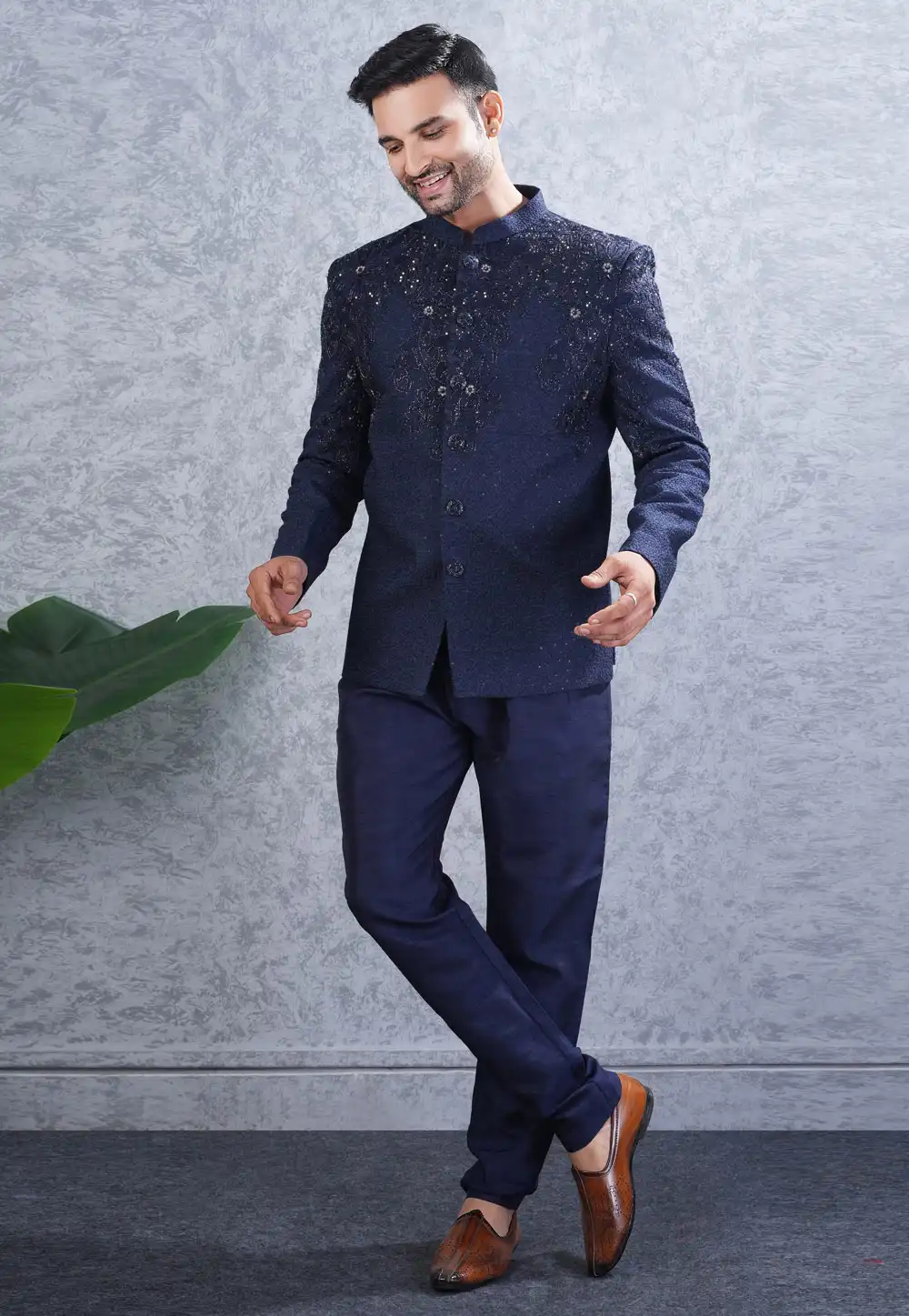 Navy Blue Silk Jodhpuri Suit 316517