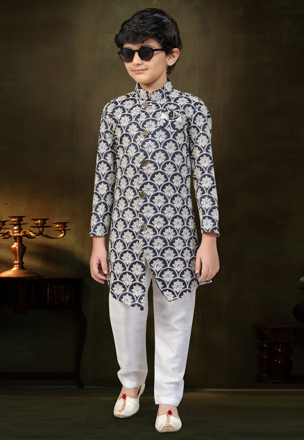 Navy Blue Silk Kids Indo Western Suit 324281