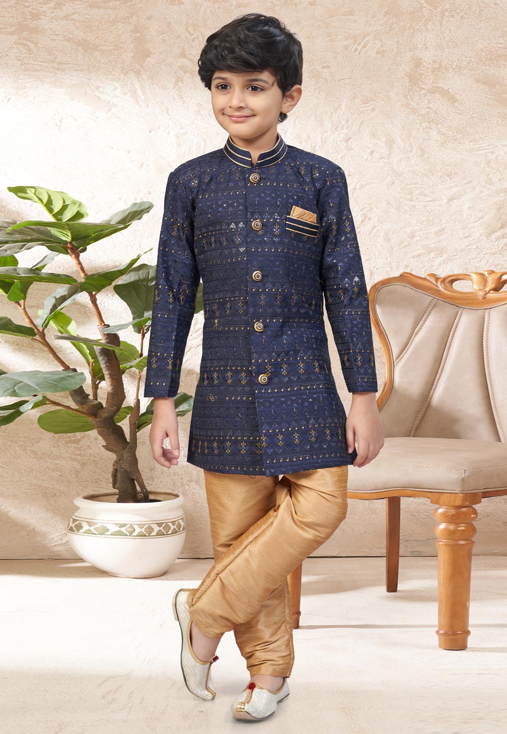 Navy Blue Silk Kids Indo Western Suit 328702