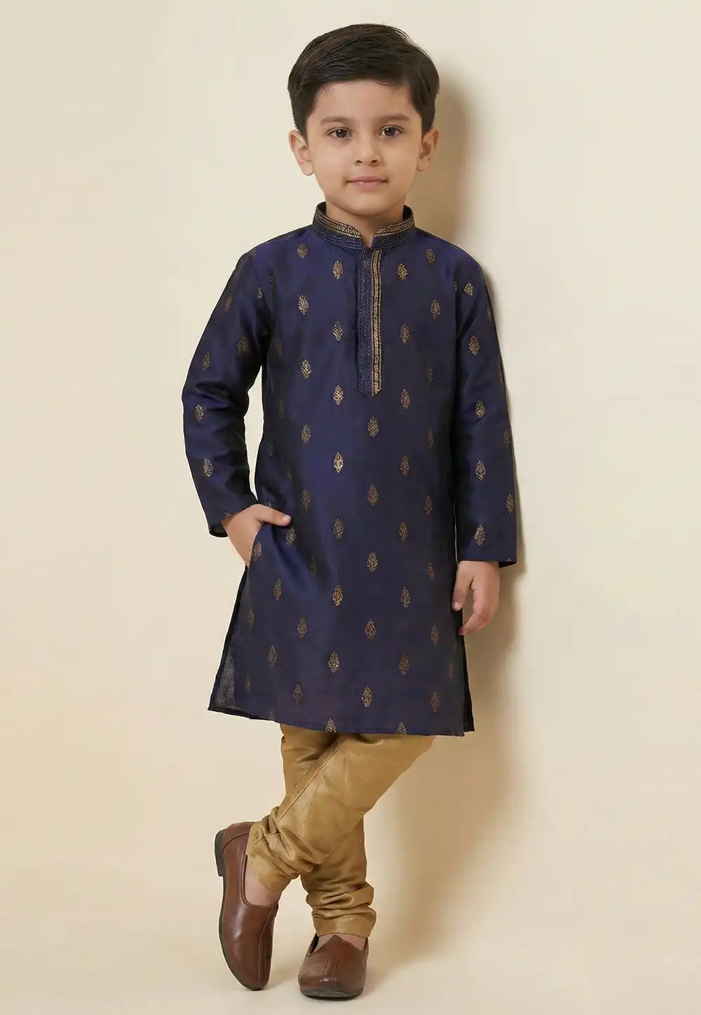 Navy Blue Silk Kids Kurta Pajama 325149