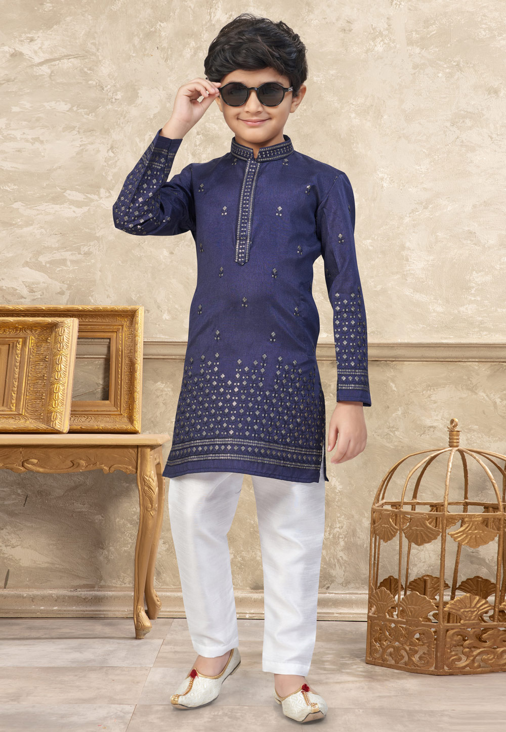 Navy Blue Silk Kids Kurta Pajama 328731