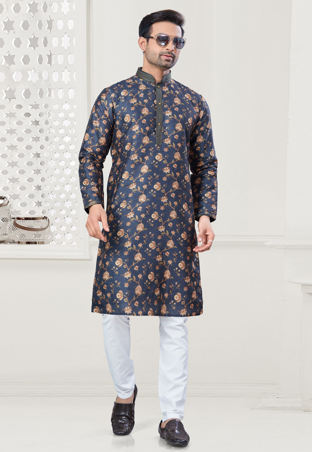 Navy Blue Silk Kurta Pajama 307362