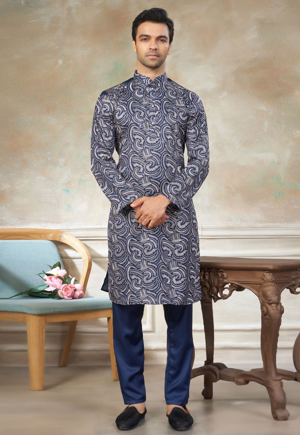Navy Blue Silk Kurta Pajama 325988