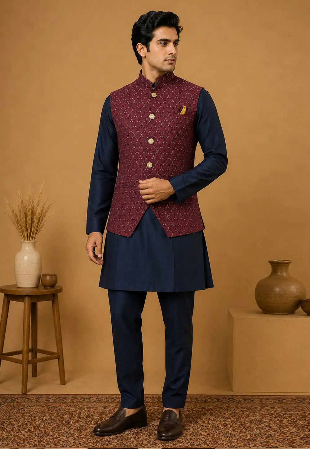 Navy Blue Silk Kurta Pajama With Jacket 331828