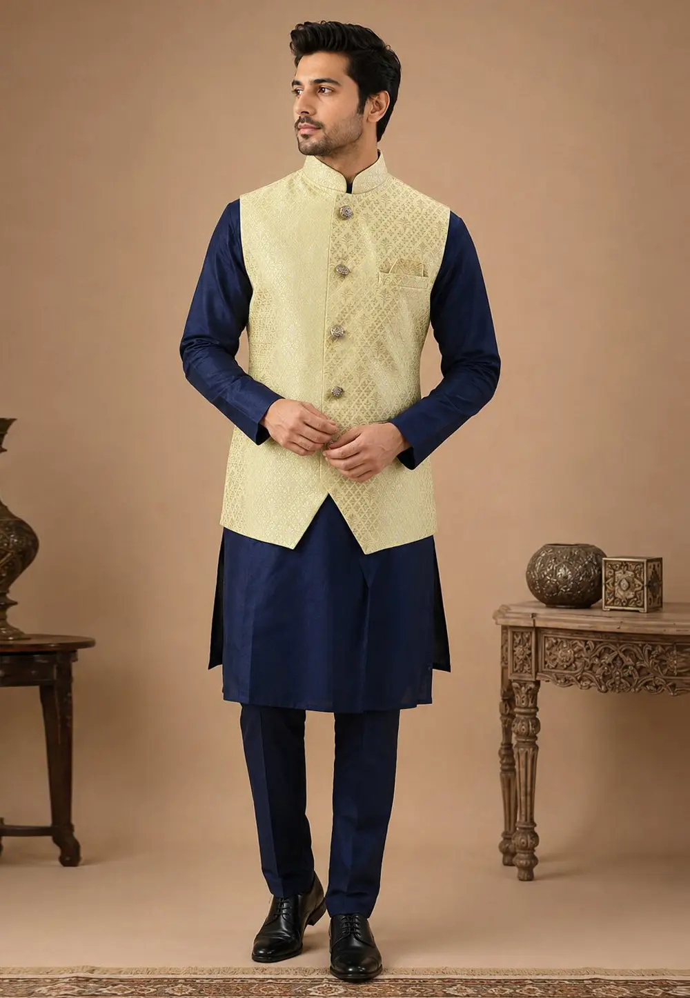 Navy Blue Silk Kurta Pajama With Jacket 331830