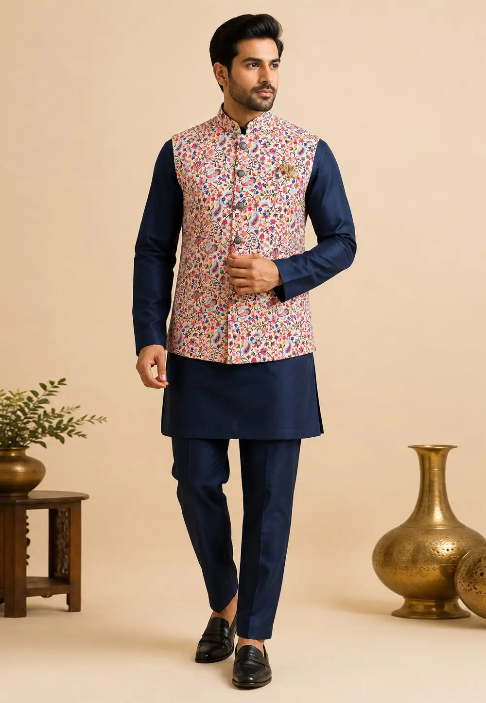 Navy Blue Silk Kurta Pajama With Jacket 333242