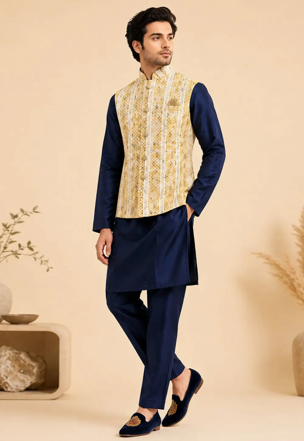 Navy Blue Silk Kurta Pajama With Jacket 333243