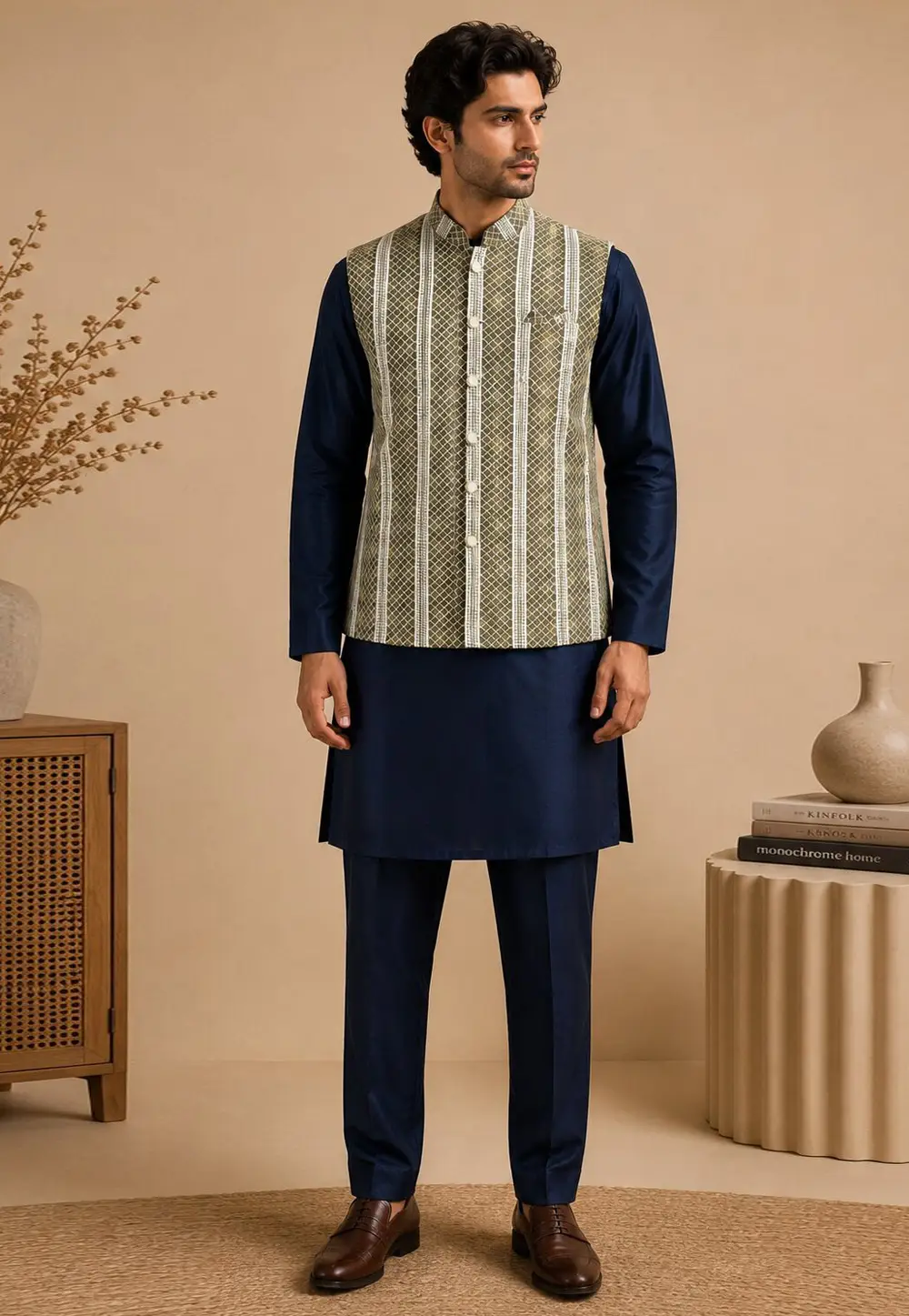 Navy Blue Silk Kurta Pajama With Jacket 333244