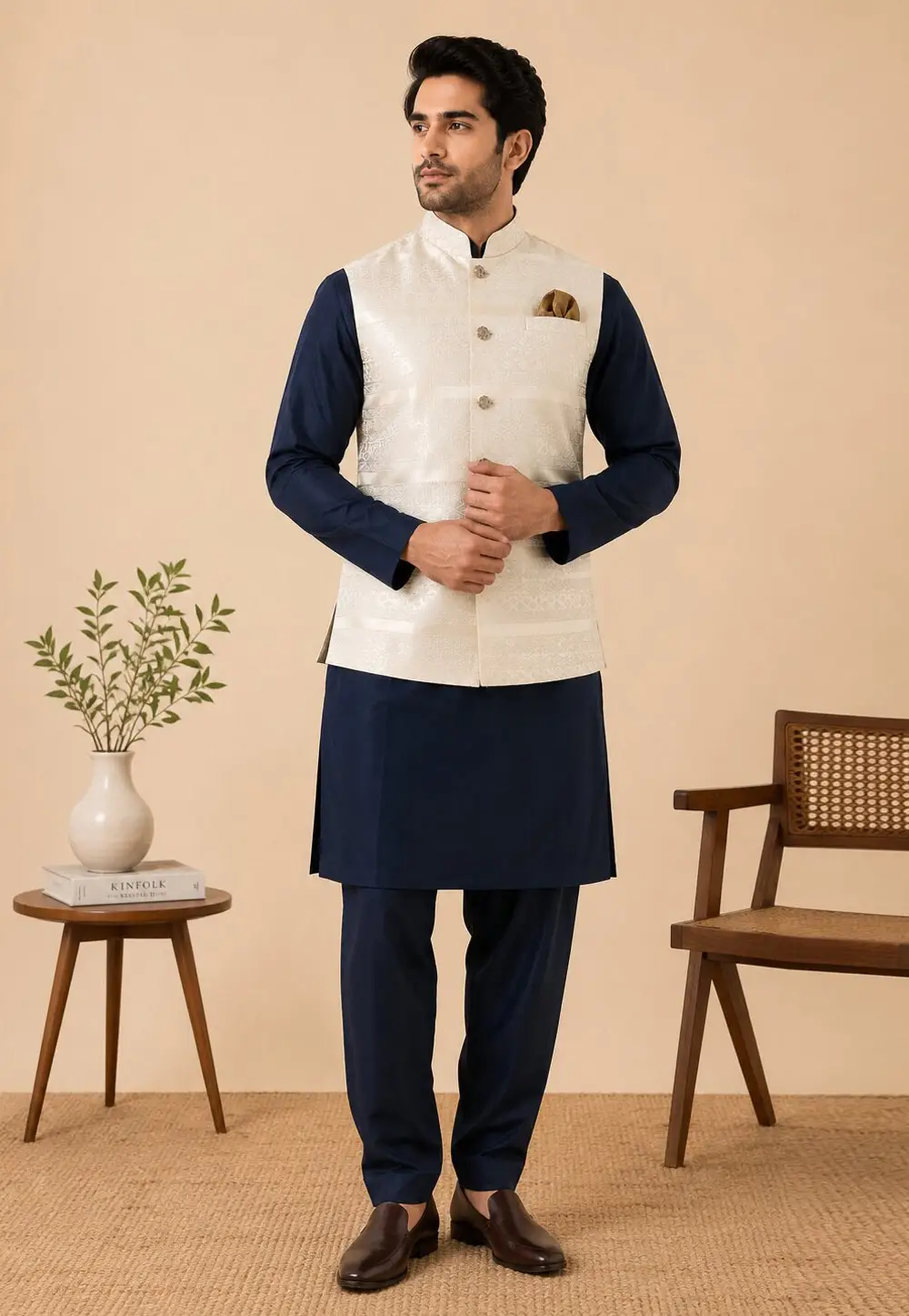 Navy Blue Silk Kurta Pajama With Jacket 333245