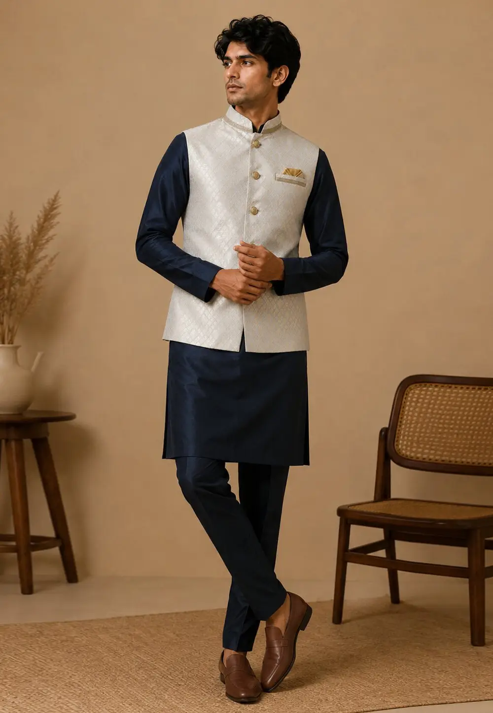 Navy Blue Silk Kurta Pajama With Jacket 333246