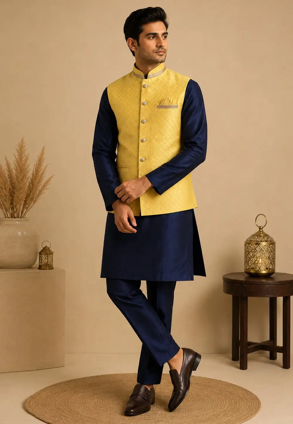 Navy Blue Silk Kurta Pajama With Jacket 333247